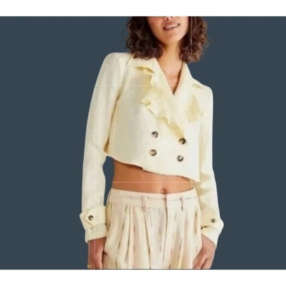 Free People Yellow Linen Jacket Medium Draped Back Cropped Top Summer